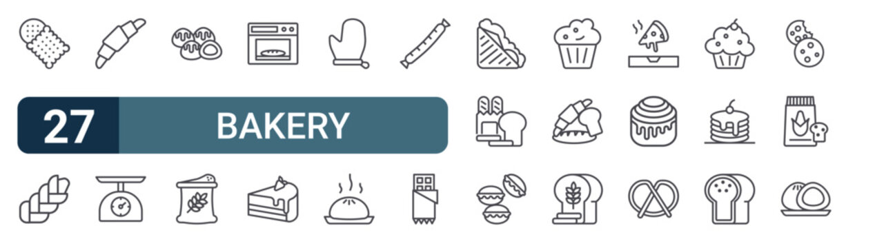 Pack of 27 linear Bakery web icons such as biscuit, challah, croissant, kitchen scale, choco balls. Editable vector stroke symbols