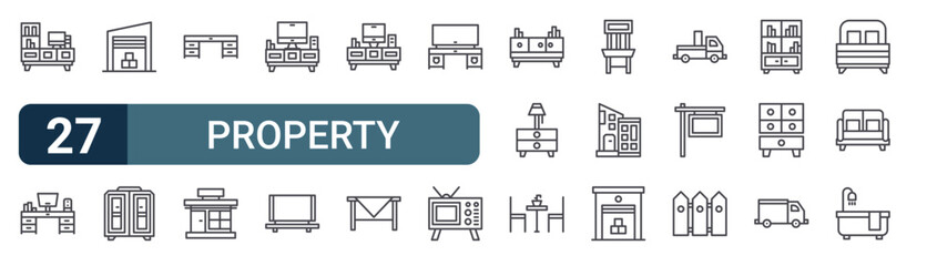 Pack of 27 linear Property web icons such as bookshelf, office, warehouse, cupboard, desk. Editable vector stroke symbols © Charlotte