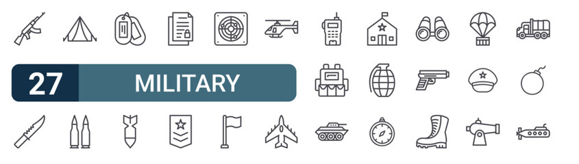 Fototapeta premium Pack of 27 linear Military web icons such as gun, knife, camp, ammunition, tag. Editable vector stroke symbols