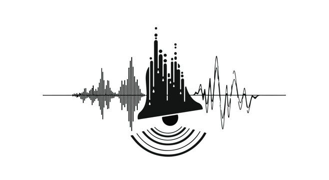 Bell icon visualizes sound frequency waves as a modern digital audio symbol.