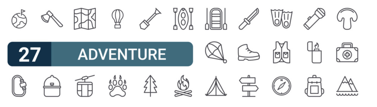 Pack of 27 linear Adventure web icons such as location, carabiner, Ax, pot, map. Editable vector stroke symbols