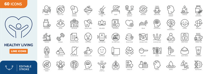 healthy living icon set. Contain icons related to healthy living, well-being, and more. Editable stroke. Vector illustration