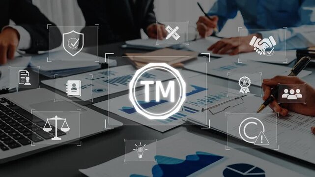 A group of professionals engaged in a business meeting utilizing digital icons to enhance discussions on trademark, protection, and strategic planning for success. Raster