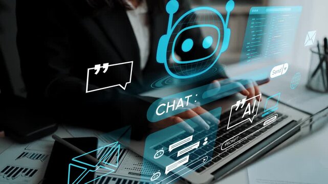 Business Professional Engaging with AI Chatbot Interface on Laptop with Digital Communication Icons in Modern Office Setting. Entropy.