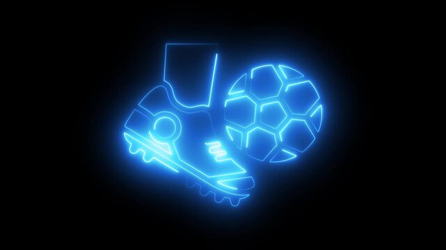 Glowing Blue neon soccer boot kicking a football animation loop on black background. Neon outline of football boot and ball in motion, futuristic sports design