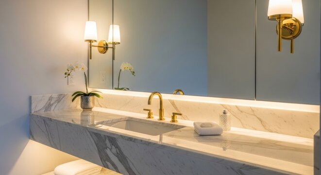 Luxurious bathroom vanity area features marble countertop, brass fixtures, and warm illumination