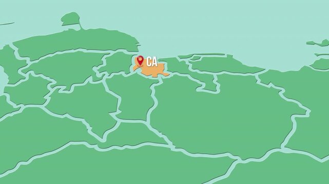 Mapa de Venezuela  con divisi&oacute;n pol&iacute;tica resaltando el estado Carabobo