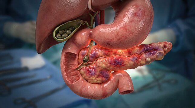 Pancreatitis, severe inflammation of the human pancreas, medical concept depicting diseased organ, digestive system pathology, gallstones present in gallbladder, anatomical representation