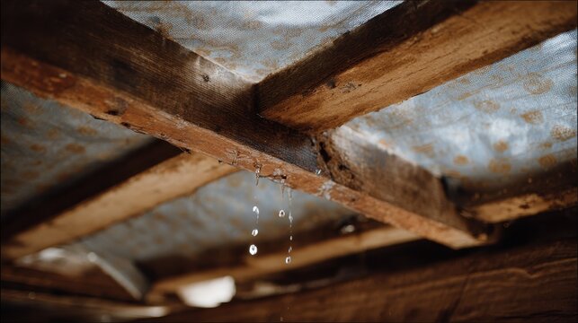 Water dripping from leaky damaged wooden ceiling indoors showing water damage