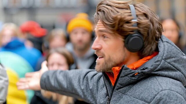 Young man wearing headphones in an urban environment, listening to audio content while staying connected through modern technology during everyday city life