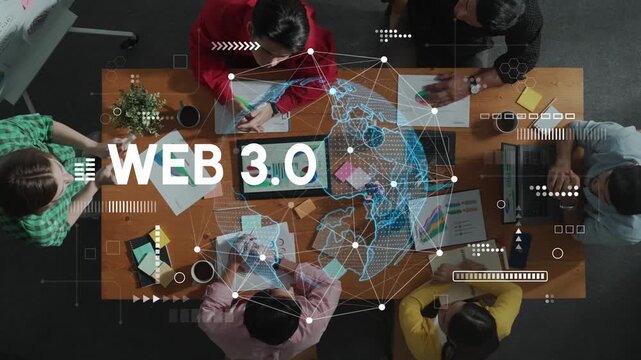 Collaborative Team Meeting on Web 3.0 Concepts Overhead View with Diverse Professionals Analyzing Data and Trends in Modern Digital Environment. Entropy.