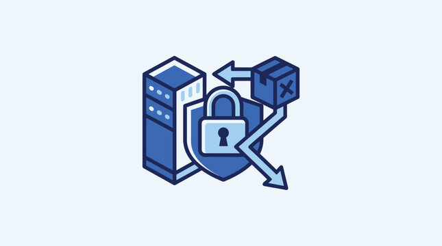 Secure server icon with data package and shield protection, vector illustration of server security and data encryption concept