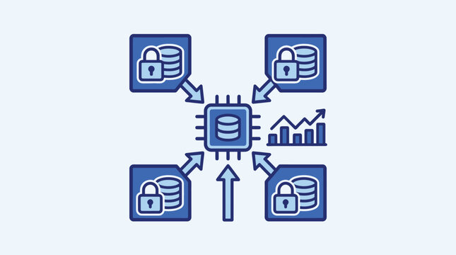 Data integration icon, central processing unit collecting secure data from multiple sources, data aggregation and analytics concept