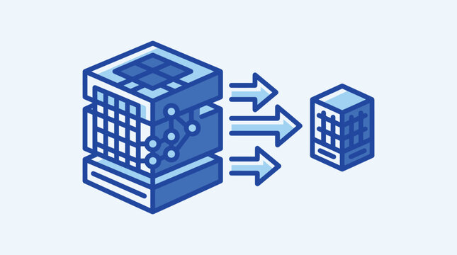 Data processing icon, server to small server vector illustration big data transfer, cloud computing, information migration concept