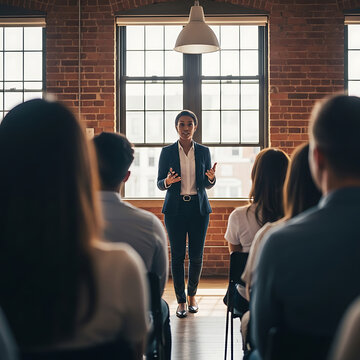 Businesswoman giving presentation, corporate training session, professional speaker, conference room