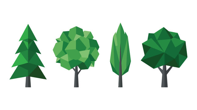 Four different green trees with geometric shapes on white background