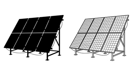 Solar Panel Array Black Silhouette And Line Art On White Background © Vector Hub24