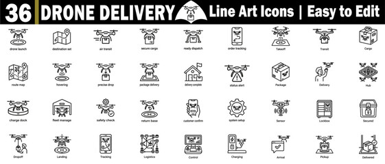 Fototapeta premium Drone delivery line art icons pack. Signs and symbols for web and app. modern ui ux. Drone delivery line art icons pack. Vector Illustration.