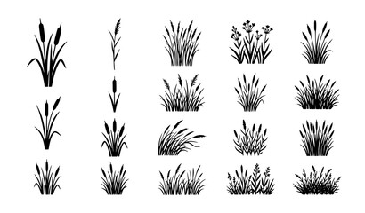 Minimal cattail reed silhouette vector collection with wetland vegetation © MdRabbi