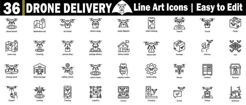 Drone delivery line art icons pack. Signs and symbols for web and app. modern ui ux. Drone delivery line art icons pack. Vector Illustration.