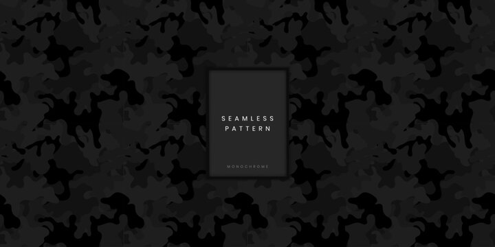 Seamless monochrome camouflage pattern or military woodland camo texture with dark organic shapes on a black background for tactical gear textile design and hunting apparel surface