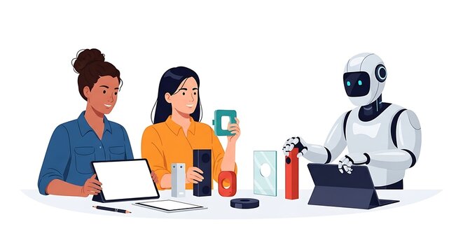 Two women designers collaborating with an ai robot on a product development project using digital tablets and 3d printed prototypes