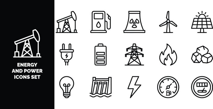 Energy and power set, including oil pump, wind turbine, solar panel, nuclear plant, battery, electric plug, and hydroelectric dam