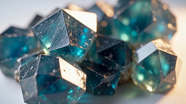 Macro Ferrous Sulfate Crystals - Teal Blue Green Geometric Crystal Formation with Golden Light, Chemistry Mineral Close-Up, Scientific Abstract Background