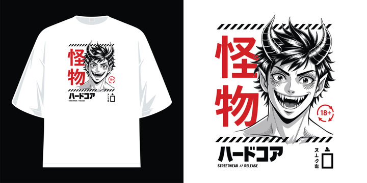 hardcore streetwear anime monster boy with horns creepy smile and japanese kanji text warning graphic t shirt design vector illustration artwork