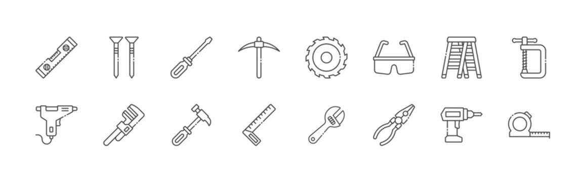 Collection of 16 outline Repair Tools icons with waterpass, glue gun, nail, pipe wrench, screwdriver. Thin line vector illustration set