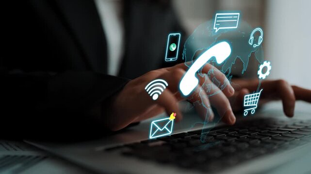 Business professional using laptop to provide seamless customer service with modern technology illustrations and 24-7 support symbol. Entropy.