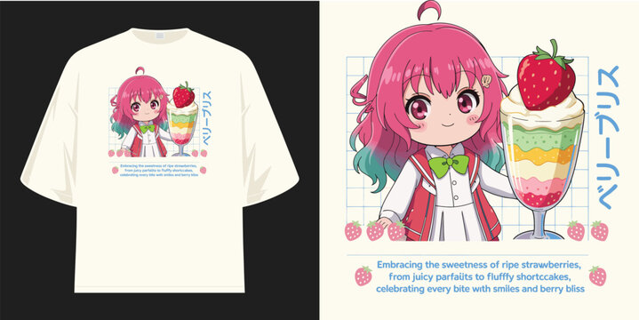 berry bliss cute chibi anime girl holding big strawberry parfait dessert with japanese text cream graphic t shirt design vector illustration artwork