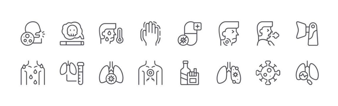 Collection of 16 outline Pneumonia icons with sputum culture, sweating, cigarette, sputum culture, fever. Thin line vector illustration set