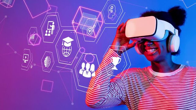 Young woman enjoying virtual reality experience with digital education and technology icons in vibrant colors against a blue background Gluon.
