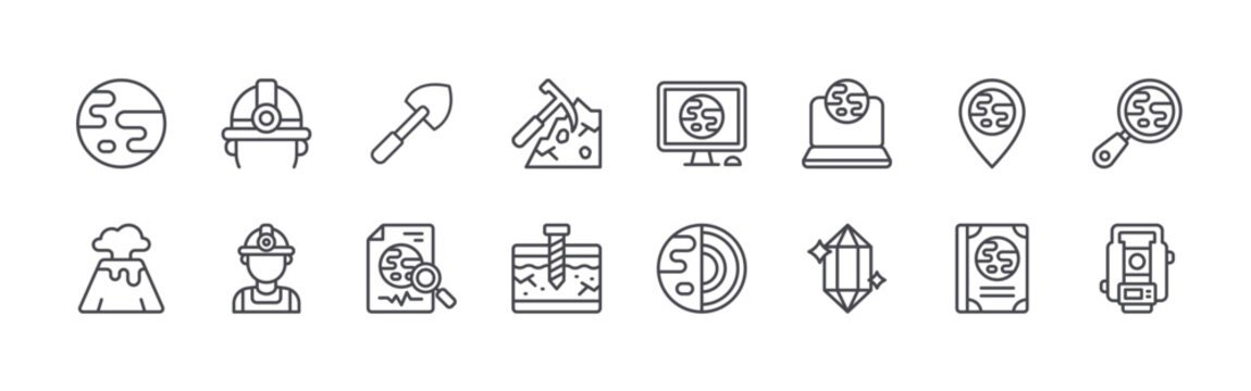 Collection of 16 outline Geology icons with earth, volcano, helmet, geologist, shovel. Thin line vector illustration set