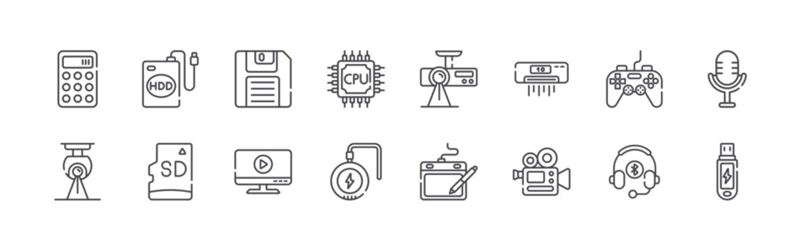 Collection of 16 outline Devices icons with calculator, security camera, external hard drive, micro sd card, floppy. Thin line vector illustration set