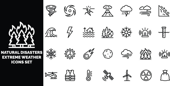 Natural disasters and extreme weather set, line symbols for climate change, emergency preparedness, and environmental hazards