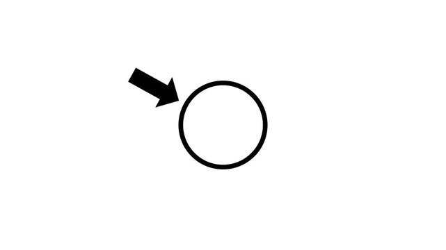 The circle is highlighted, and the arrow moves toward the center. Motion graphics animation.