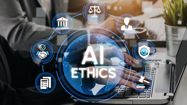 AI Ethics Concept with Hands on Laptop, Justice Symbols, Digital Circle, Technology and Law Interaction, Global Perspective on Ethical AI Implementation. Entropy.