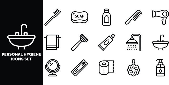 Personal hygiene set featuring bathroom accessories, toiletries, and grooming tools in black and white line style