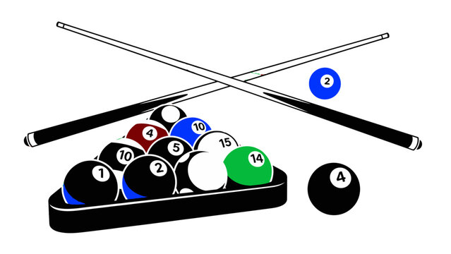 Colorful illustration of pool balls and cues.