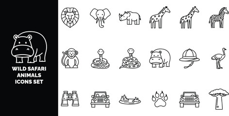 Set of black and white line featuring wild safari animals, safari vehicles, binoculars, and nature on a white background © ico-vect