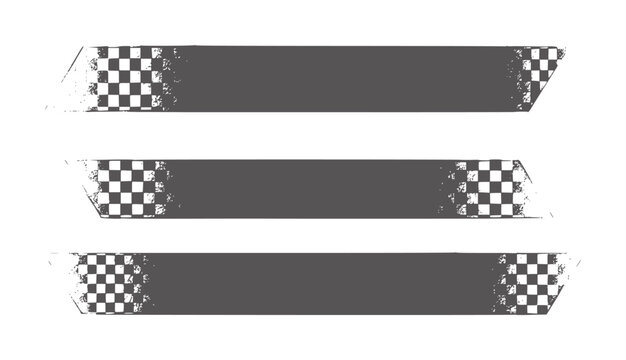 Three dark gray horizontal racing banners with checkered flag ends and grunge texture