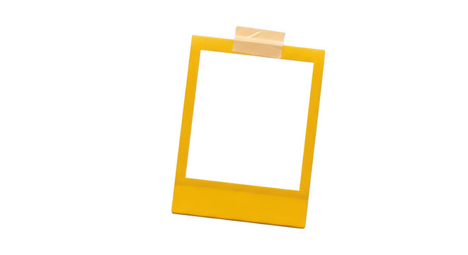 Yellow polaroid photo frame with tape on transparent background