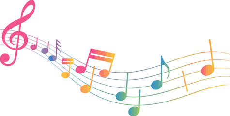 Colorful musical notes wave illustration, flowing music staff with treble clef vector design element artwork © Billal