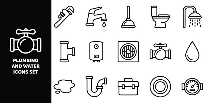 Set of black and white line representing plumbing tools, water fixtures, pipes, valves, and maintenance equipment for home repair