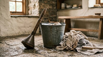Metal bucket with wet laundry and old wooden washing tool on stone floor. Vintage laundry equipment for manual clothes washing. Concept of traditional house chores and retro housework. © Hamster