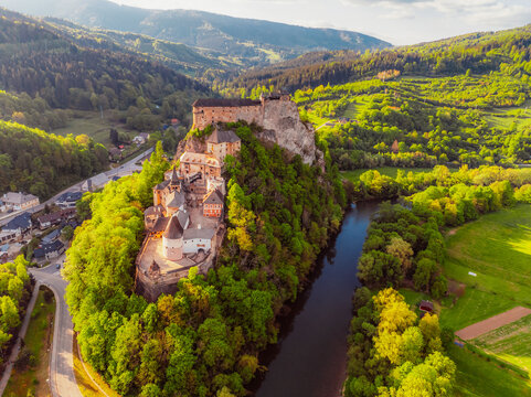 Orava castle or oravsky hrad in Oravsky Podzamok in Slovakia.  Medieval castleon high cliff by the Orava river.