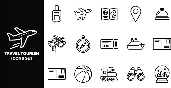 Travel and tourism set featuring black outline symbols of transportation, vacation gear, and navigation tools on a white background