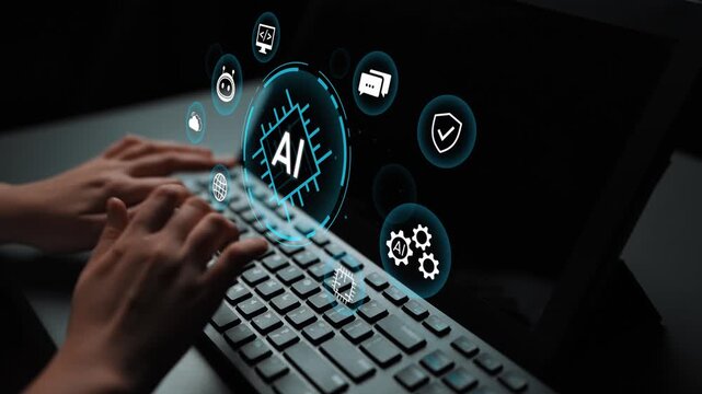 Hands Typing on Keyboard with Futuristic AI and Technology Icons Representing Digital Innovation and Cybersecurity in a Dark Setting. Entropy.